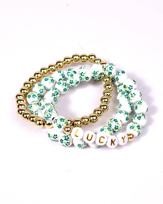 Lucky Bead Bracelet Stack   Green/Gold   7"