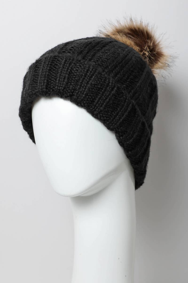 Black Winter-Ready Ribbed Faux Fur Beanie