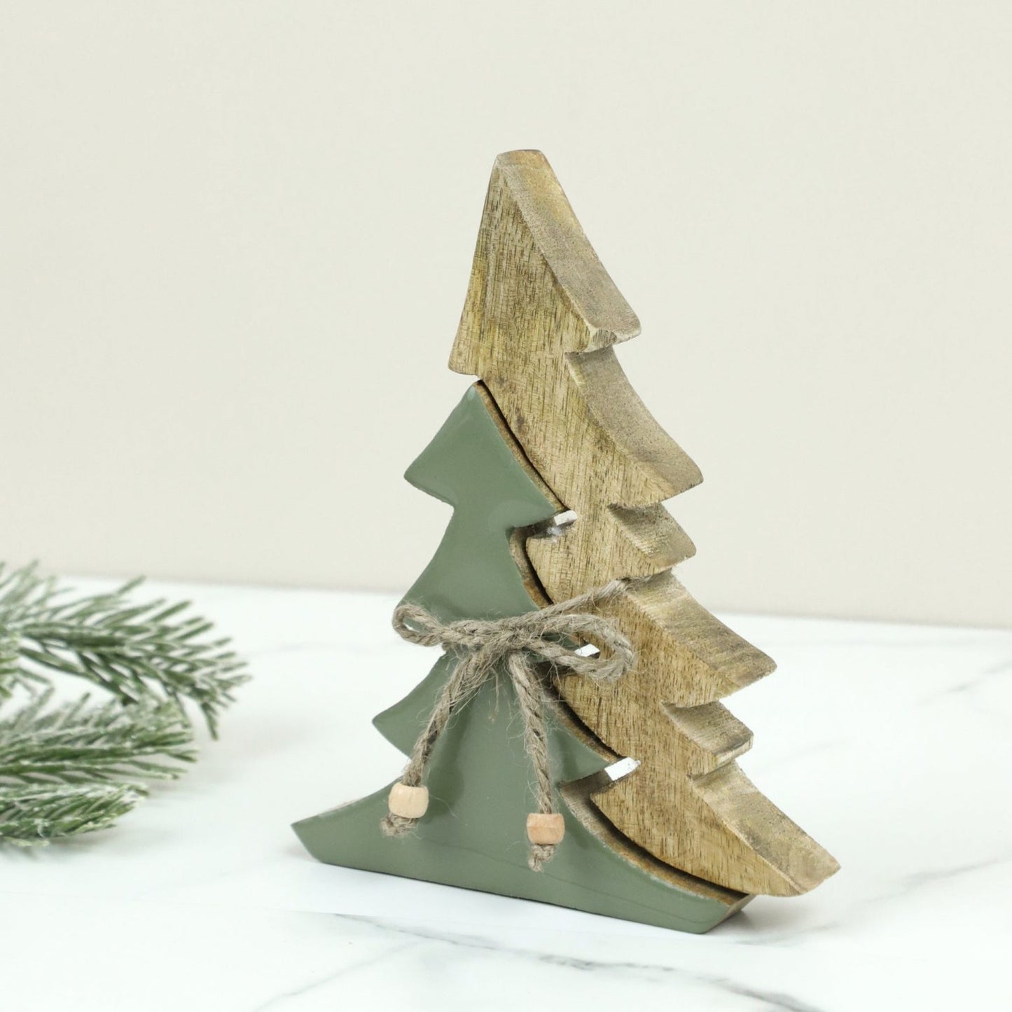 7.7" Green Enamelware Wood Puzzle Tree