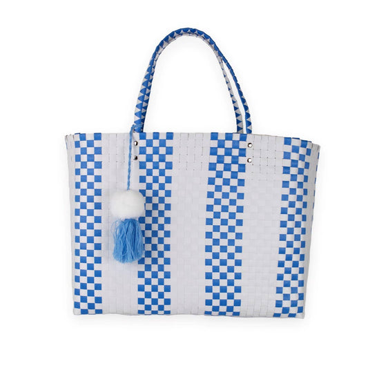 Lindsay Woven Tote   Blue/White  17x14x5