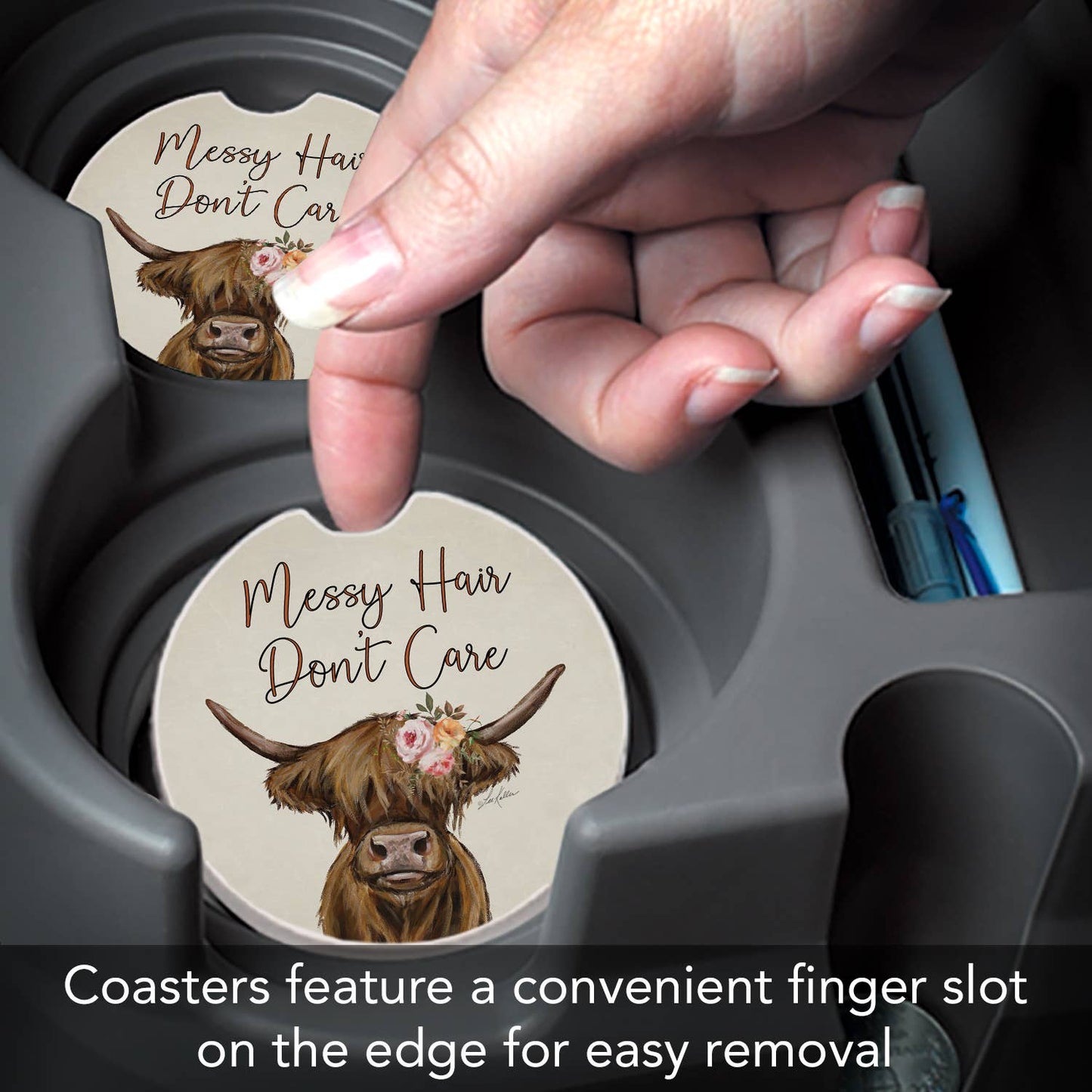 "Messy Hair Cow" Absorbent Stone Car Coaster 1pk