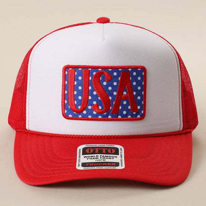USA Embroidered Polka Dot Patch Foam Trucker Hat: RED/WHT/RED / ONE SIZE