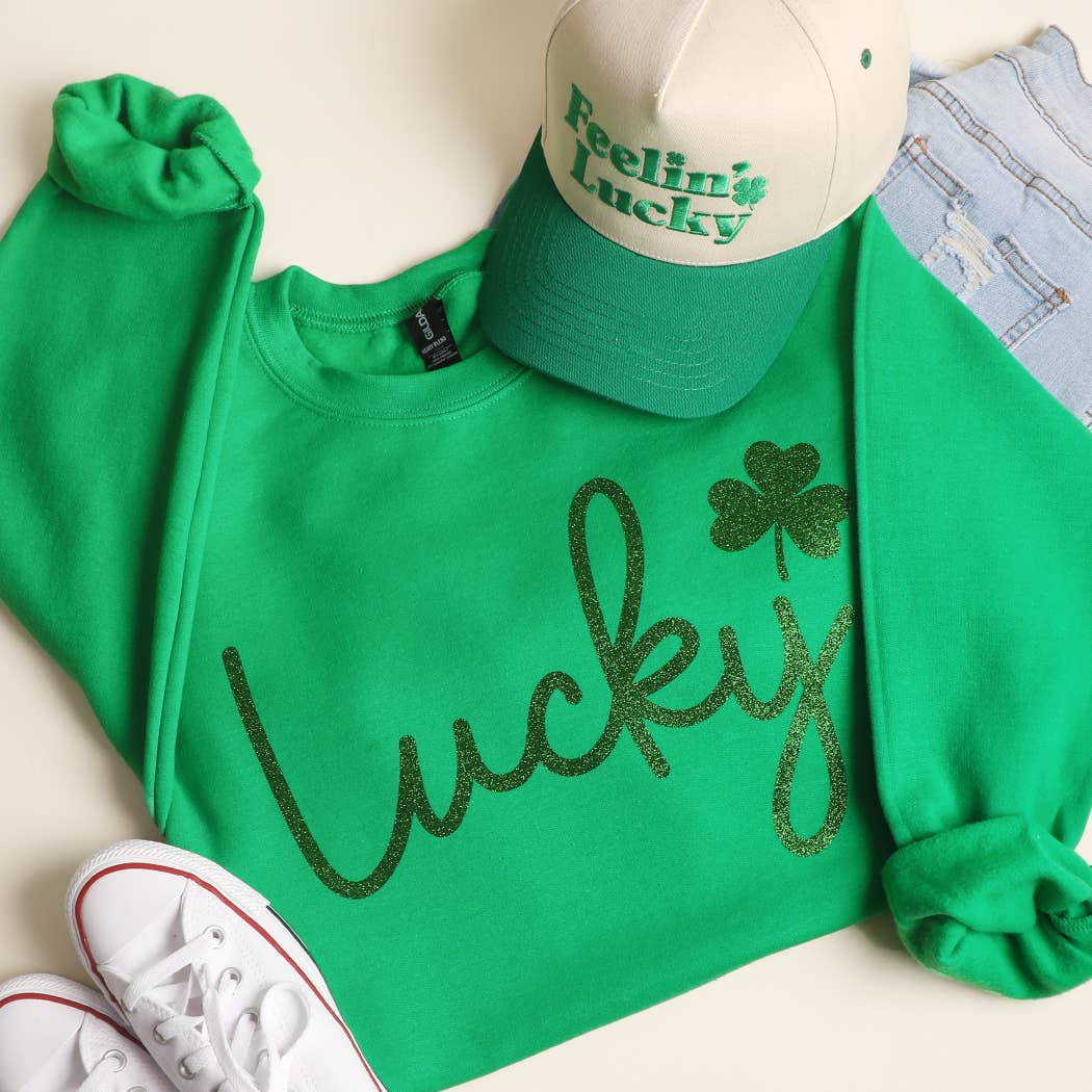 Lucky Script Glitter heavyweight Fleece Sweatshirt, Irish Green