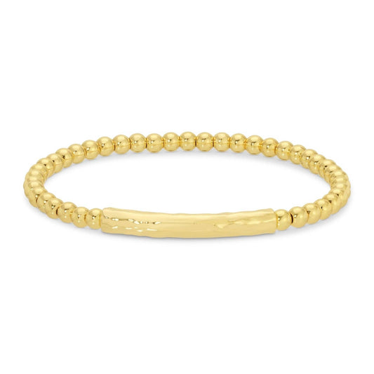 Gold Beaded Bracelet with Lightly Textured Bar