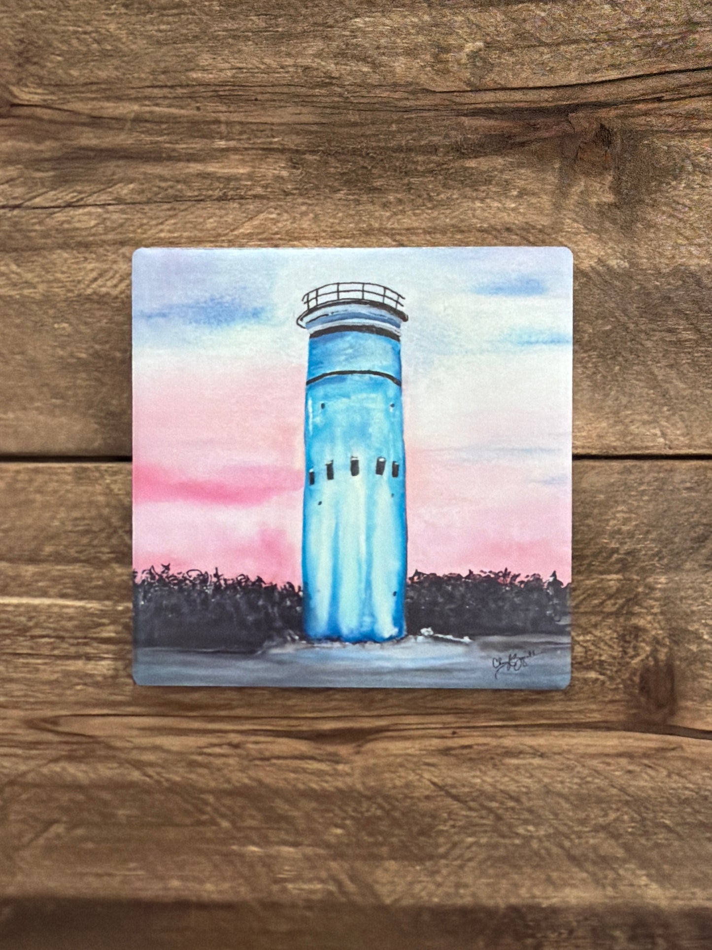 Blue Night Tower Square Ceramic Coaster by Cheryl Zapata Art