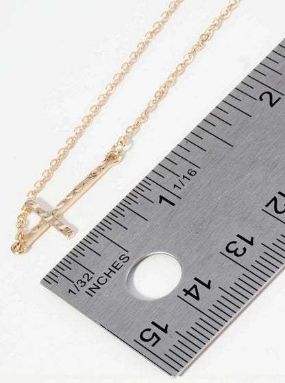 Hammered Metal 1 Inch Sideways Cross Pendant Necklace: Rhodium