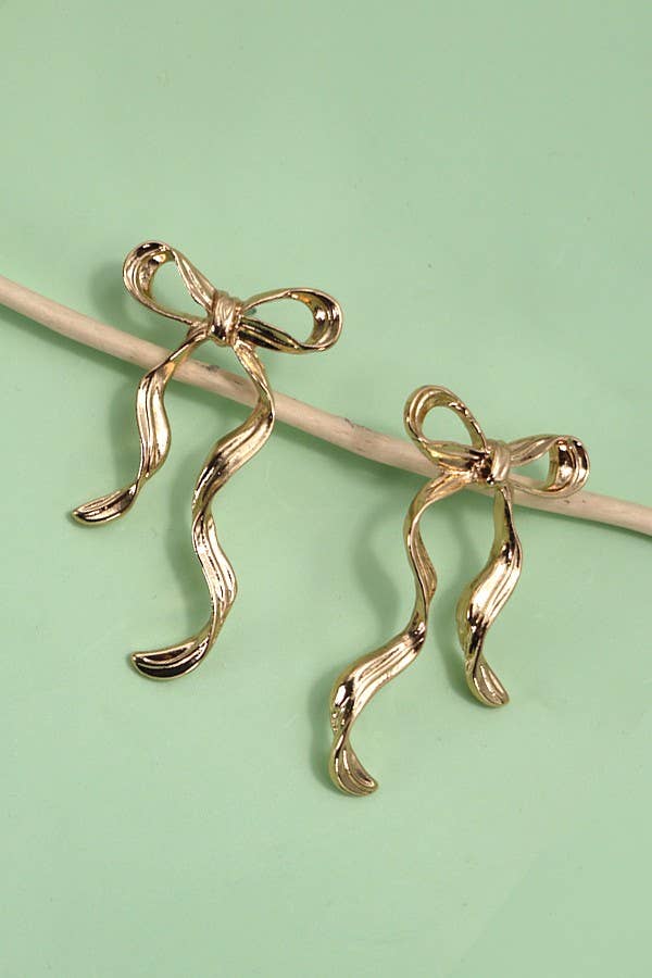 Gold Hammered Long Bow Ribbon Drop Earring