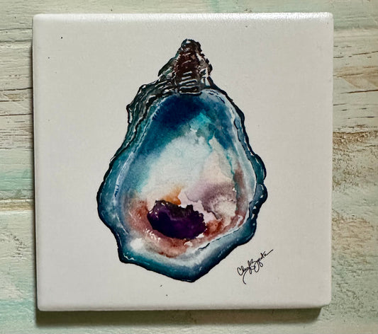Oyster B Square Ceramic Coaster by Cheryl Zapata Art