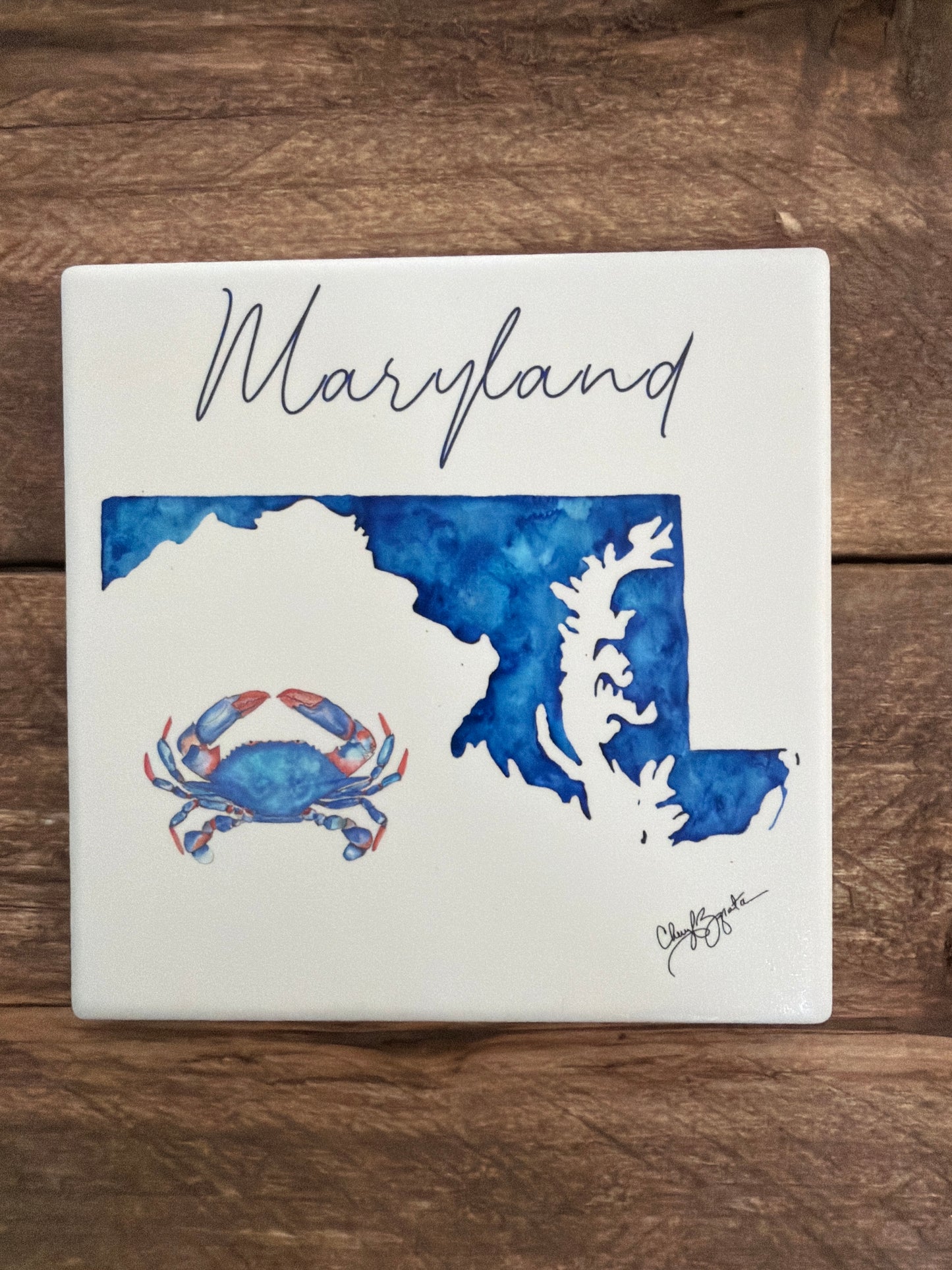 Maryland w/Crab Inlay Square Ceramic Coaster by Cheryl Zapata Art
