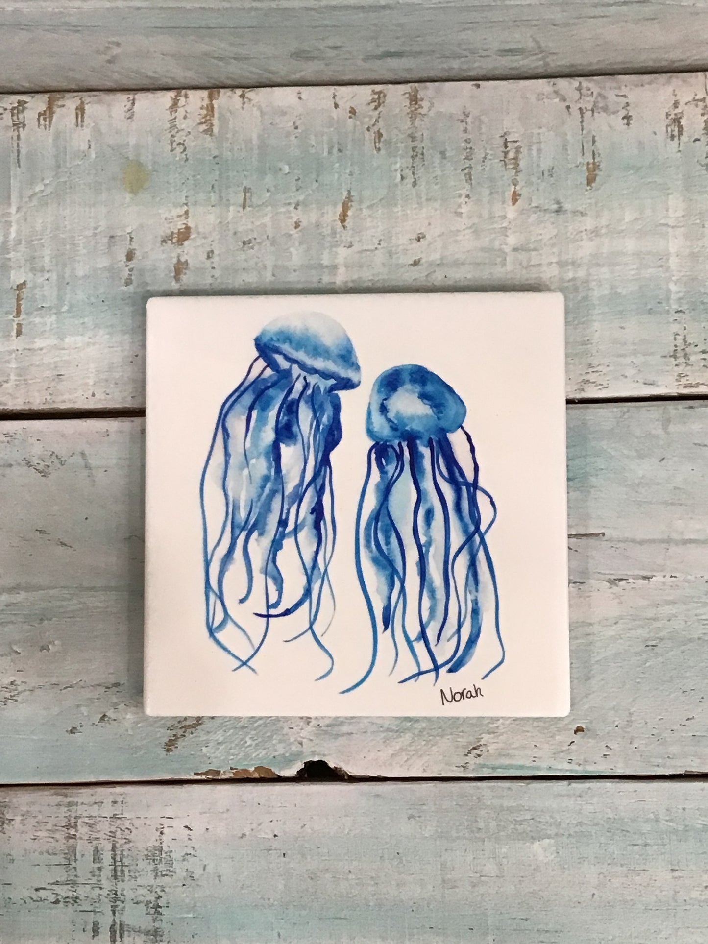 Jellyfish Square Ceramic Coaster by Norah Marie