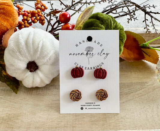 Pumpkin and Knot w/Gold Burnt Orange Stud Set