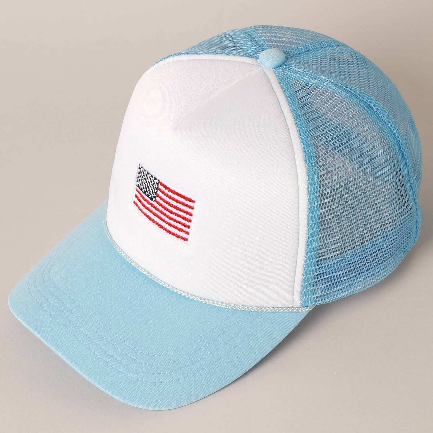 LIGHT BLUE / ONE SIZE American Flag Embroidered 2-Tone Foam Trucker Hat: