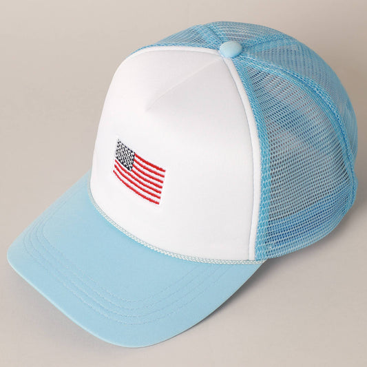 LIGHT BLUE / ONE SIZE American Flag Embroidered 2-Tone Foam Trucker Hat:
