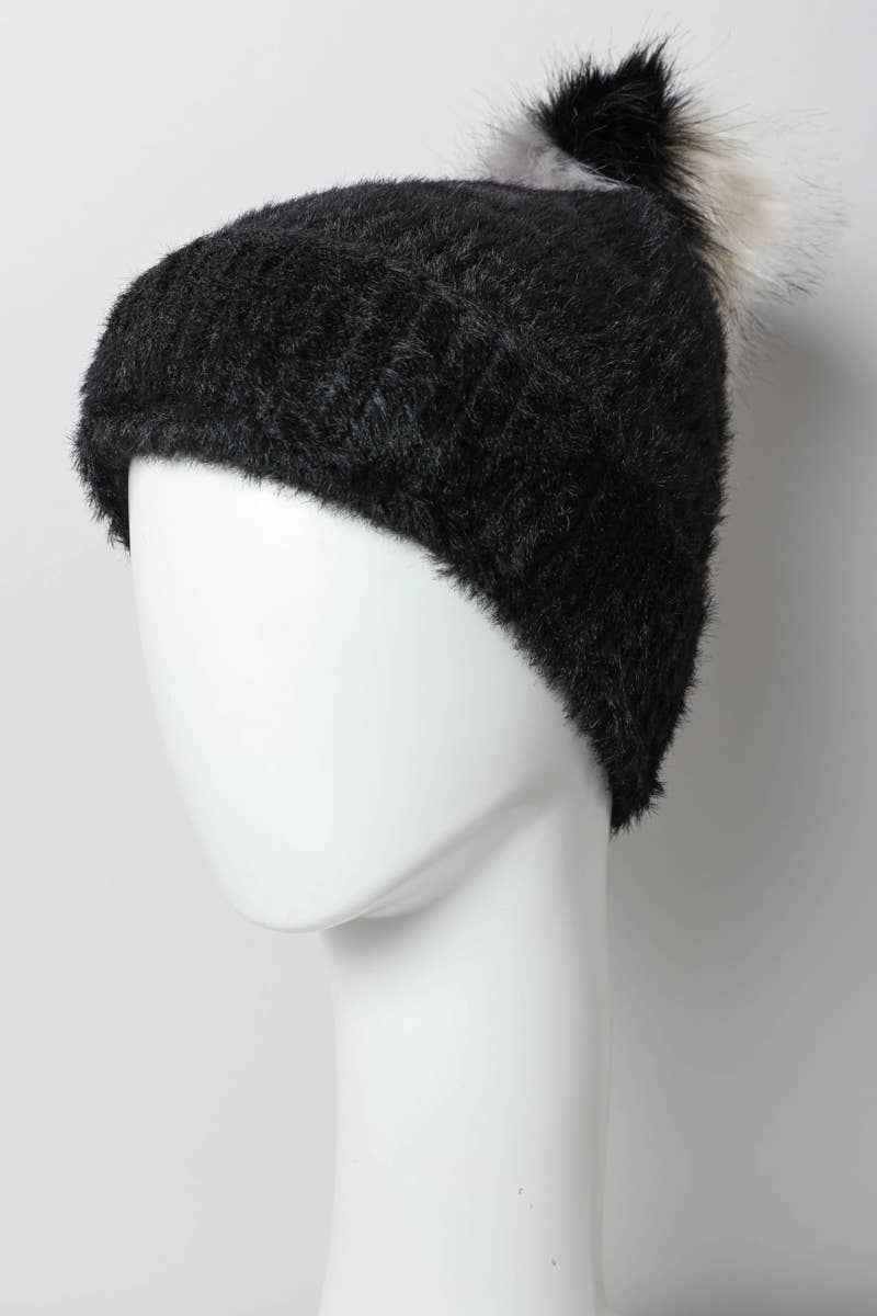 Black Faux Mohair Beanie with Soft Thermal Lining Fleece