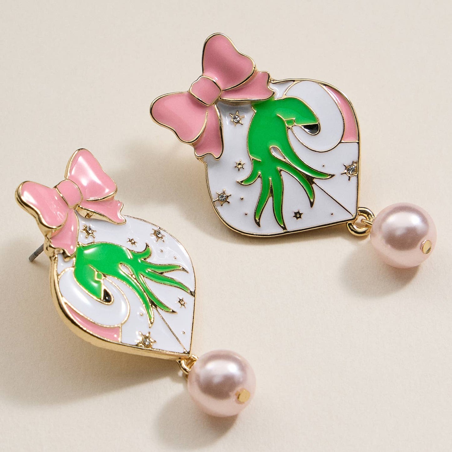 Pink Christmas Ball & Green Monster Dangling Earrings