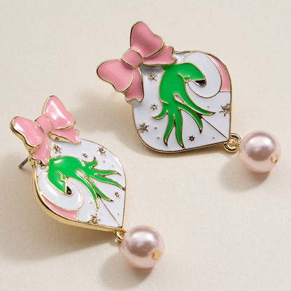 Pink Christmas Ball & Green Monster Dangling Earrings