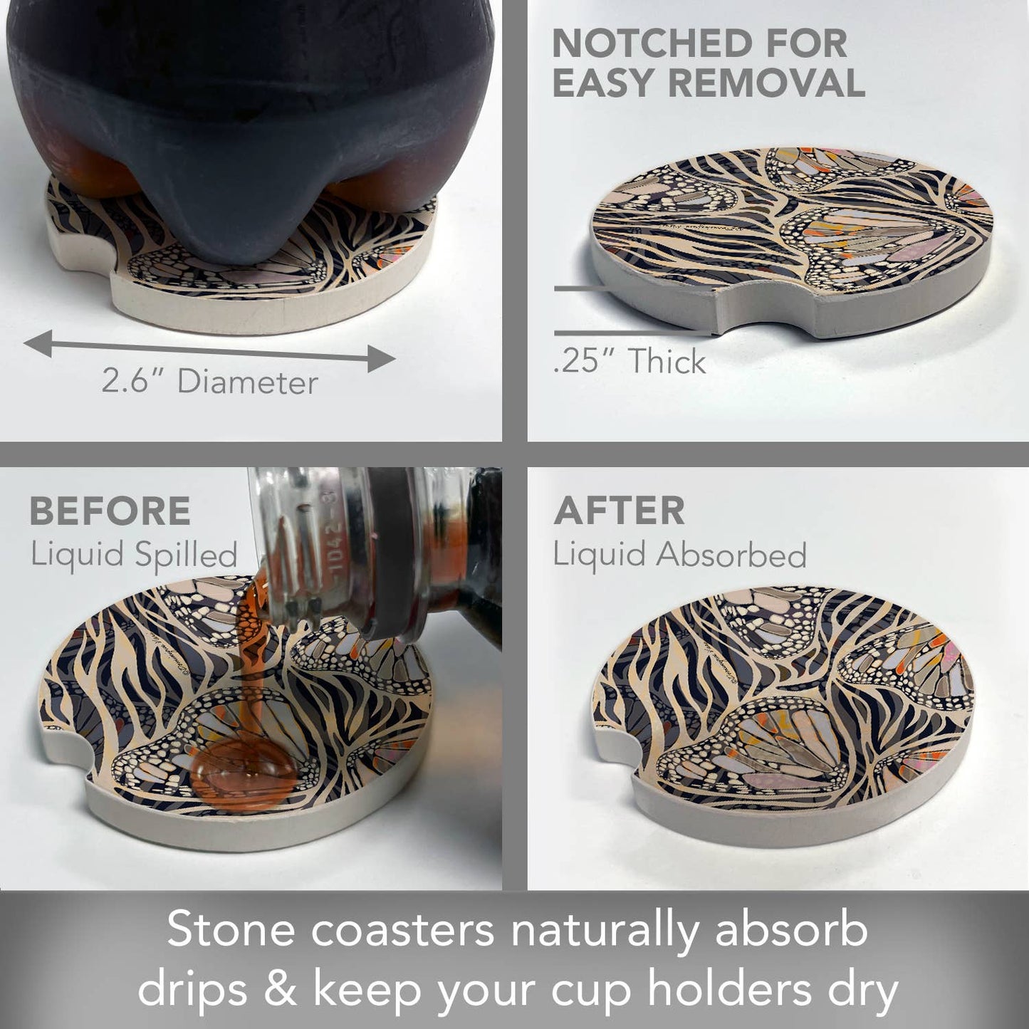 "Zebra Butterflies" Absorbent Stone Car Coaster 1pk