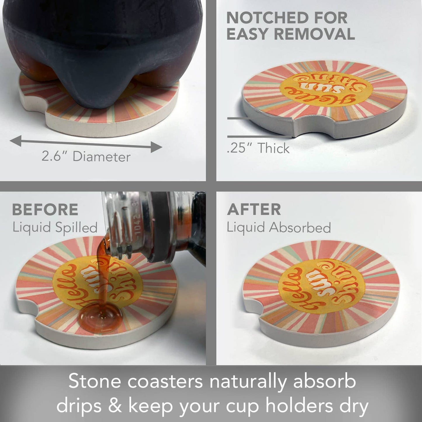 Hello Sun Absorbent Stone Car Coaster 1 Pack 2.6"
