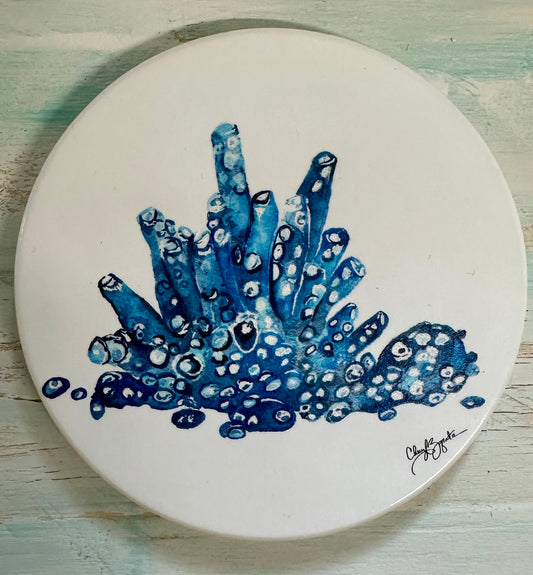 Blue Coral Round Coaster by Cheryl Zapata Art