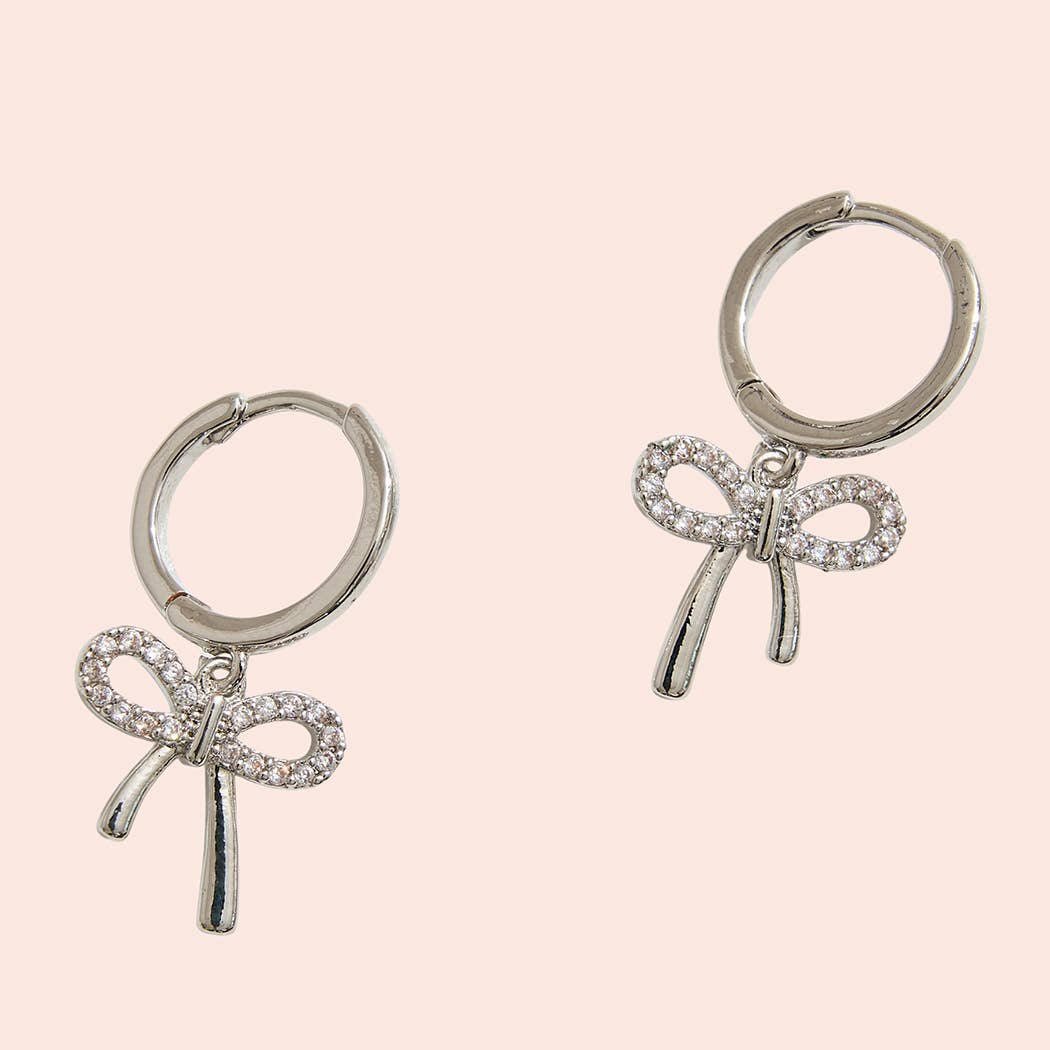 14K Gold-Dipped Bow Charm Huggie Hoop CZ Earrings