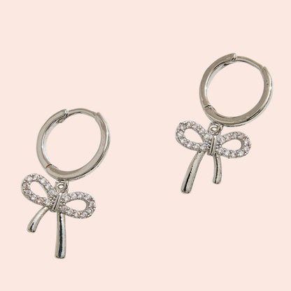 14K Gold-Dipped Bow Charm Huggie Hoop CZ Earrings