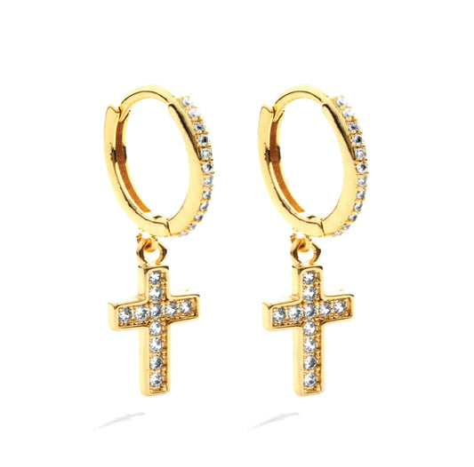 Gold Cross Pave Huggie Earrings in Gold