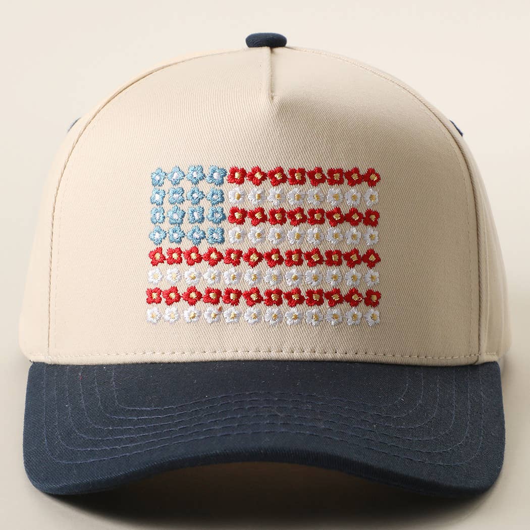 Blk. Denim Floral American Flag Embroidered Two-Tone Denim Trucker Hat ONE SIZE