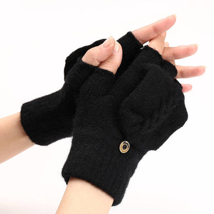 Gray, M Cable Knit Flap Half-Finger Warm Gloves