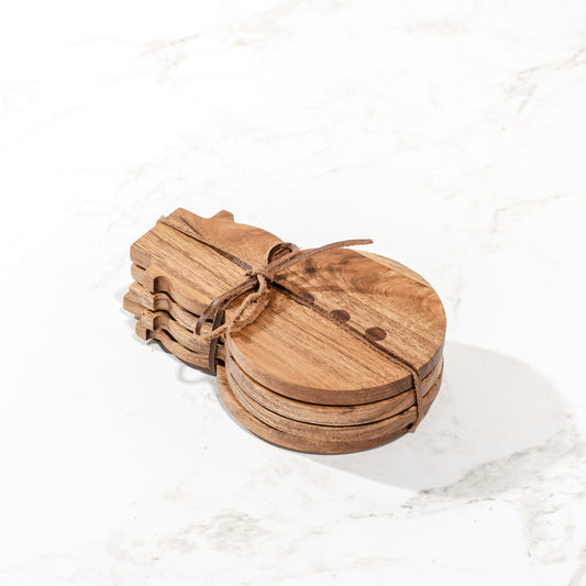 Set of 4 Acacia Wood Snowman Coasters
