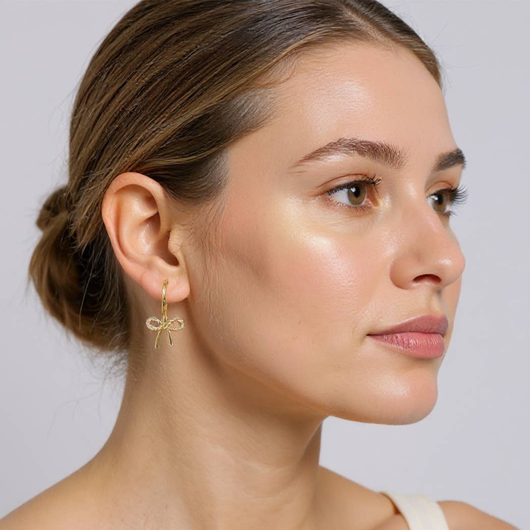 14K Gold-Dipped Bow Charm Huggie Hoop CZ Earrings