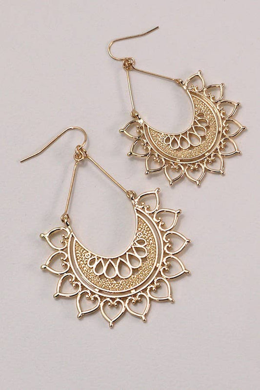 Boho Half Circle Flower Drop Earrings, Gold