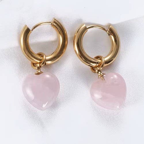 Rose Quartz natural Stone Drop Hoop Huggie Earring Heart