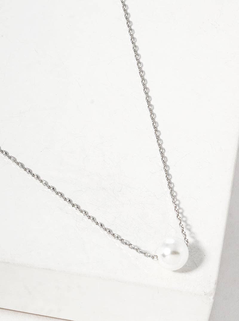 Dainty Pearl Bead Pendant Necklace: Rhodium