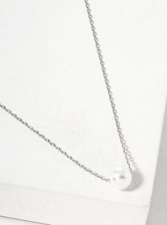 Dainty Pearl Bead Pendant Necklace: Rhodium