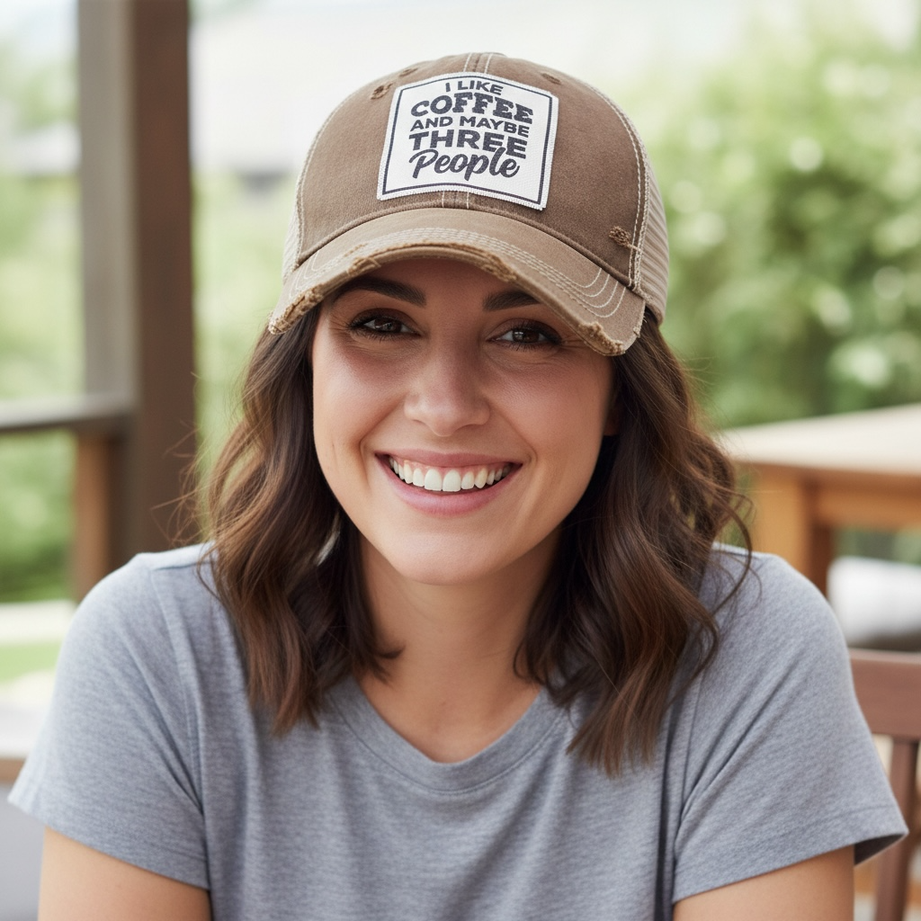 I Like Coffee And Maybe Three People Distressed Trucker Cap