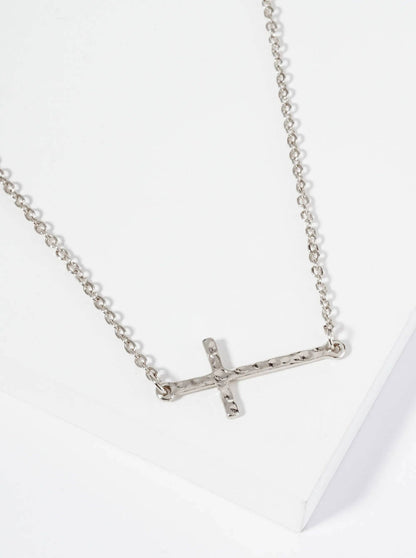 Hammered Metal 1 Inch Sideways Cross Pendant Necklace: Rhodium