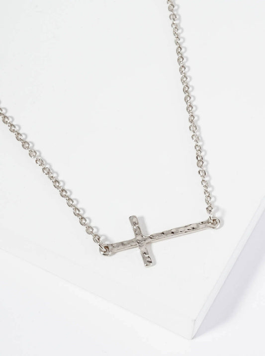 Hammered Metal 1 Inch Sideways Cross Pendant Necklace: Rhodium