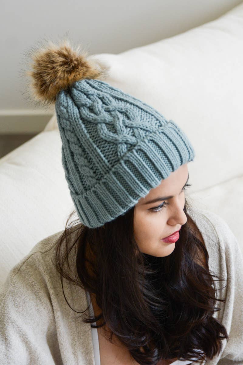 Mint Fur Pom Knit Beanie