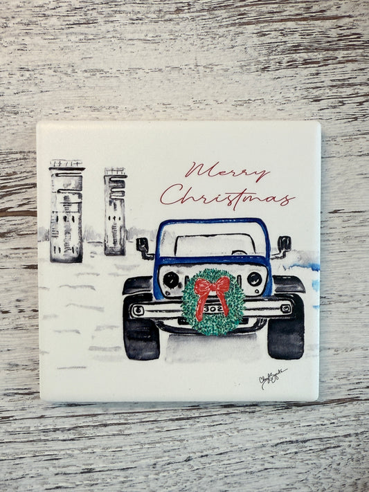 302 Jeep Wreath Towers Square Ceramic Coaster by Cheryl Zapata Art