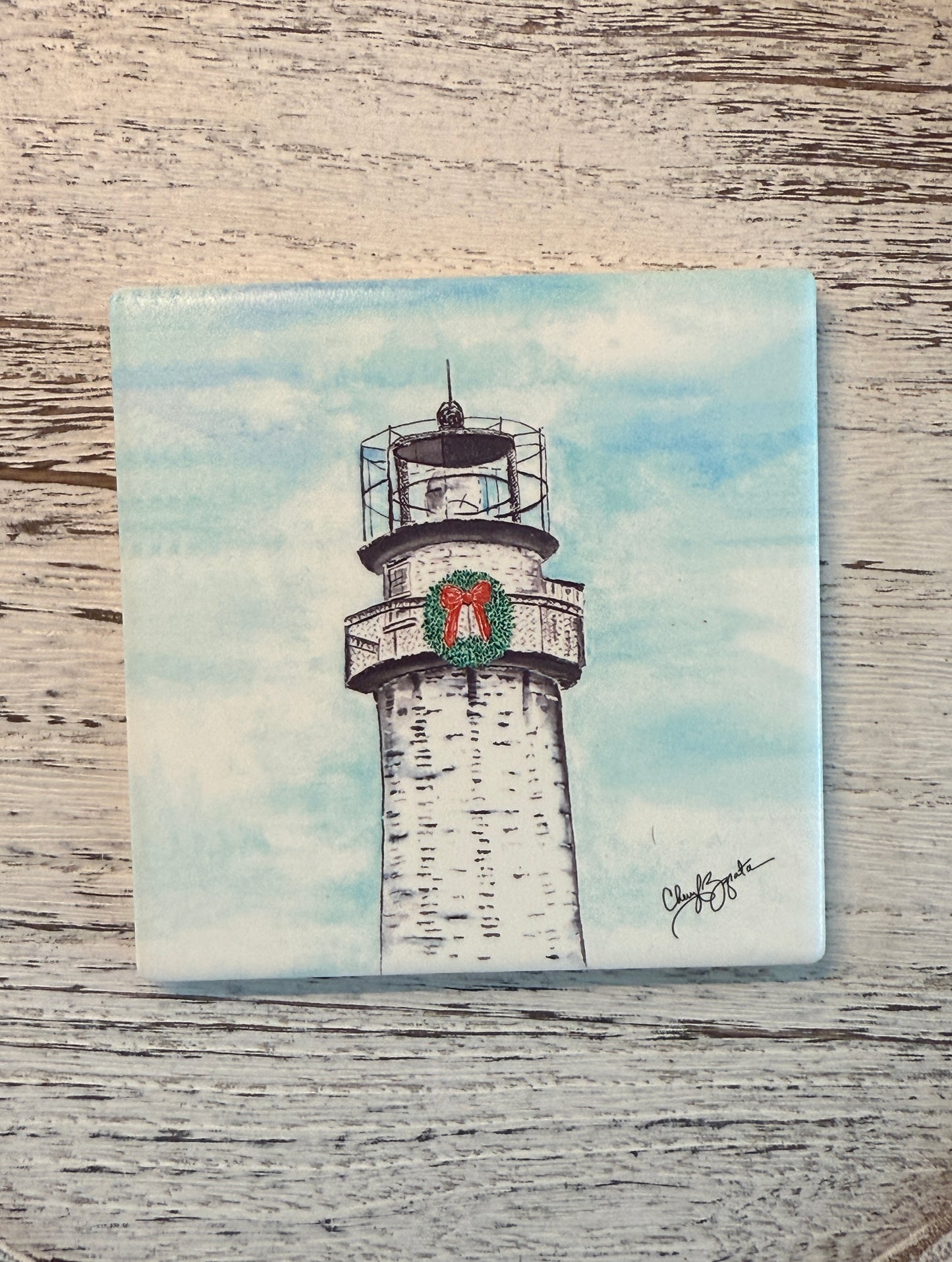 FI Lighthouse Wreath/Sky Square Ceramic Coaster by Cheryl Zapata Art