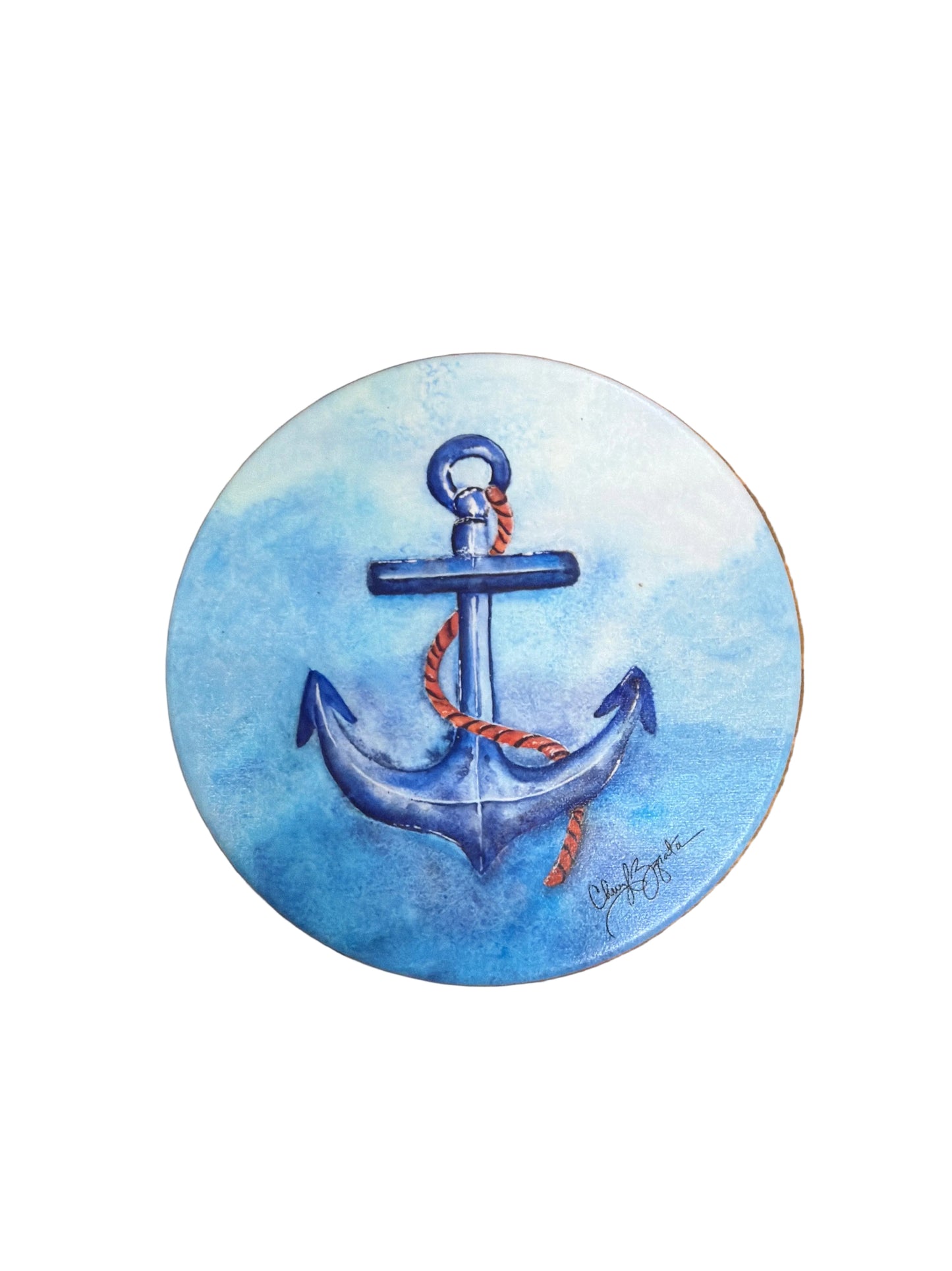 Anchor Round Ceramic Coaster by Cheryl Zapata Art