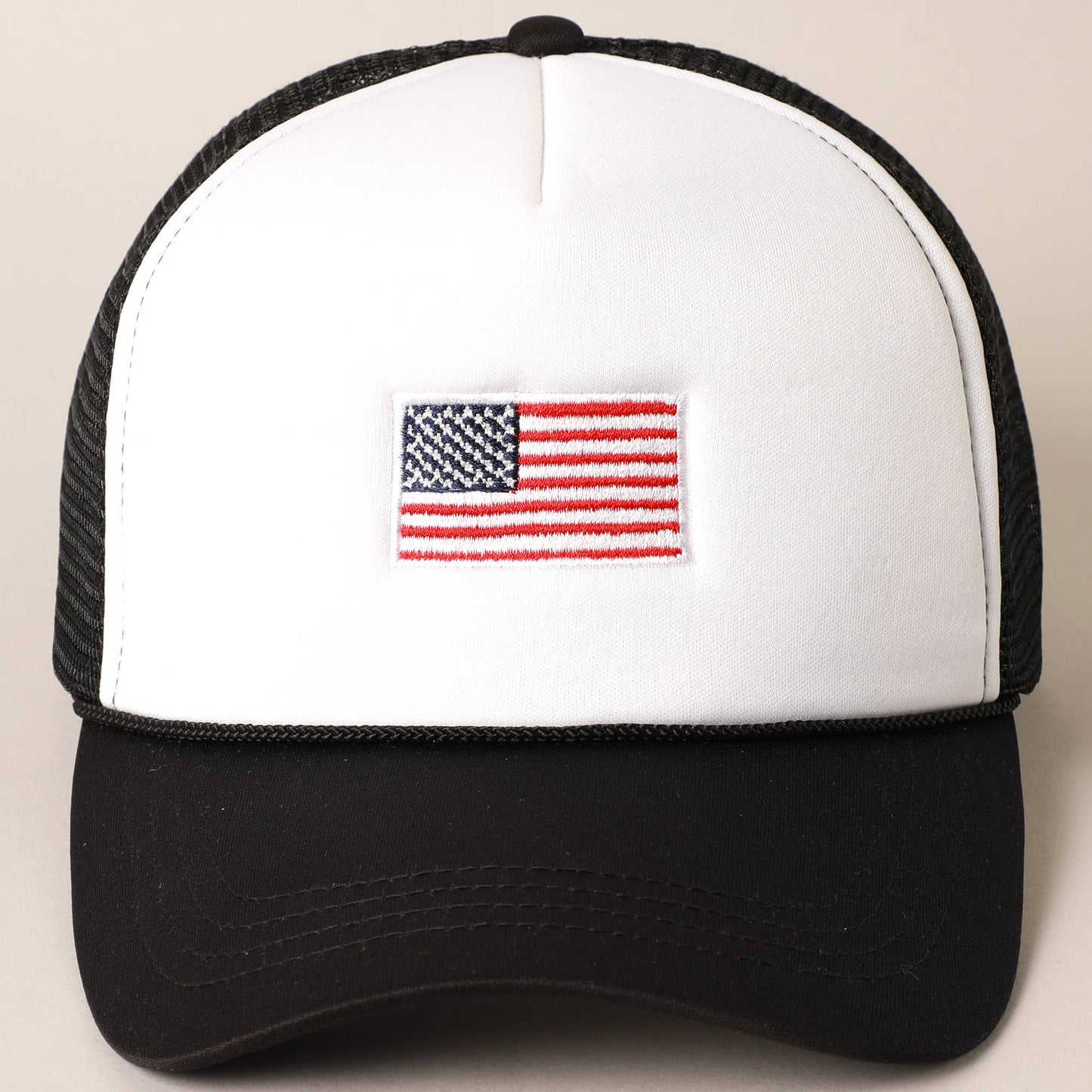 American Flag Embroidered 2-Tone Foam Trucker Hat: BLACK / ONE SIZE