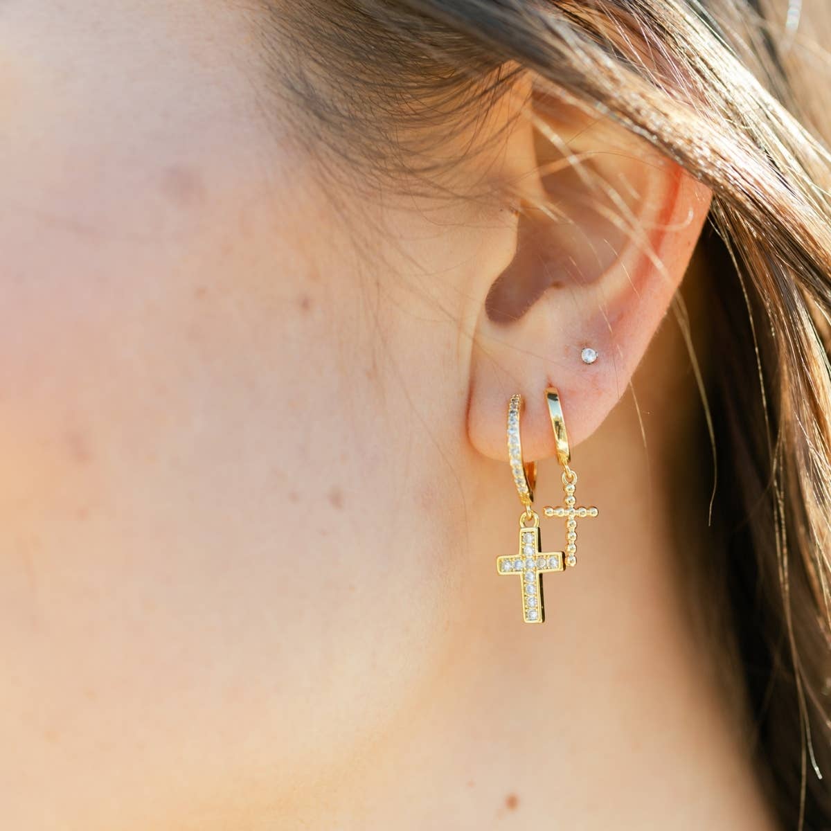 Silver Pave Huggies - Cross