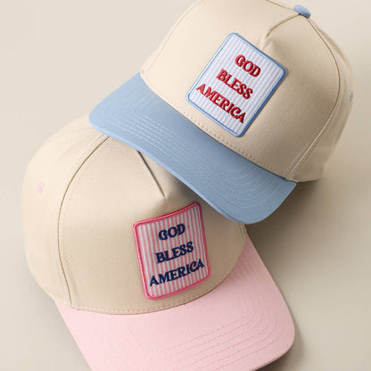 Sky Blue GOD BLESS AMERICA Embroidered Patch Two Tone Trucker Hat: ONE SIZE
