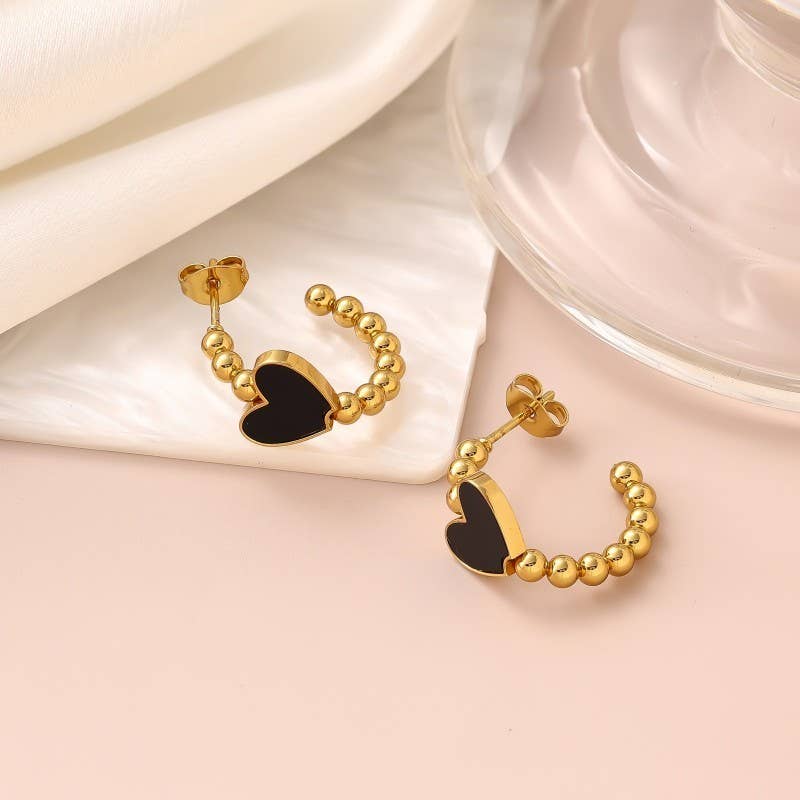 Black 18K Stainless Steel Tarnish Free Waterproof Hoop Bubble/Heart