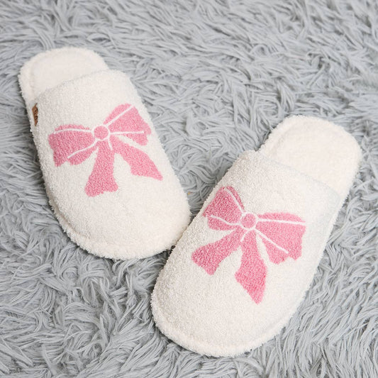 Pink Ribbon Bow Print Luxury Soft Home Slipper M/L