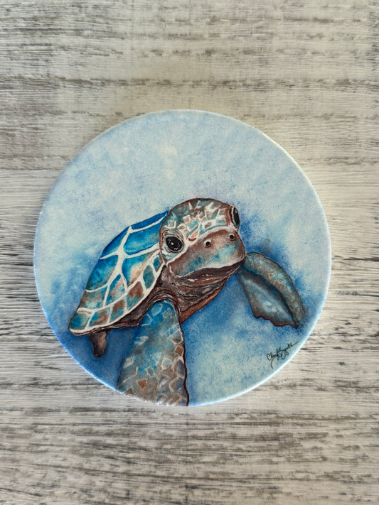 Baby Turtle Drift Round Ceramic Coaster by Cheryl Zapata Art