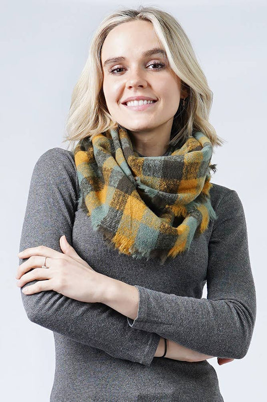 Mustard Plaid Pattern Frayed Edge Infinity Winter Scarf
