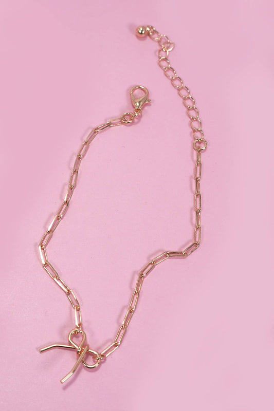 DELICATE BOW CHARM DROP LINK CHAIN BRACELET |GOLD
