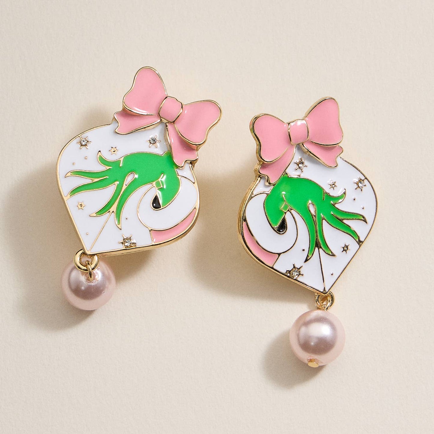 Pink Christmas Ball & Green Monster Dangling Earrings